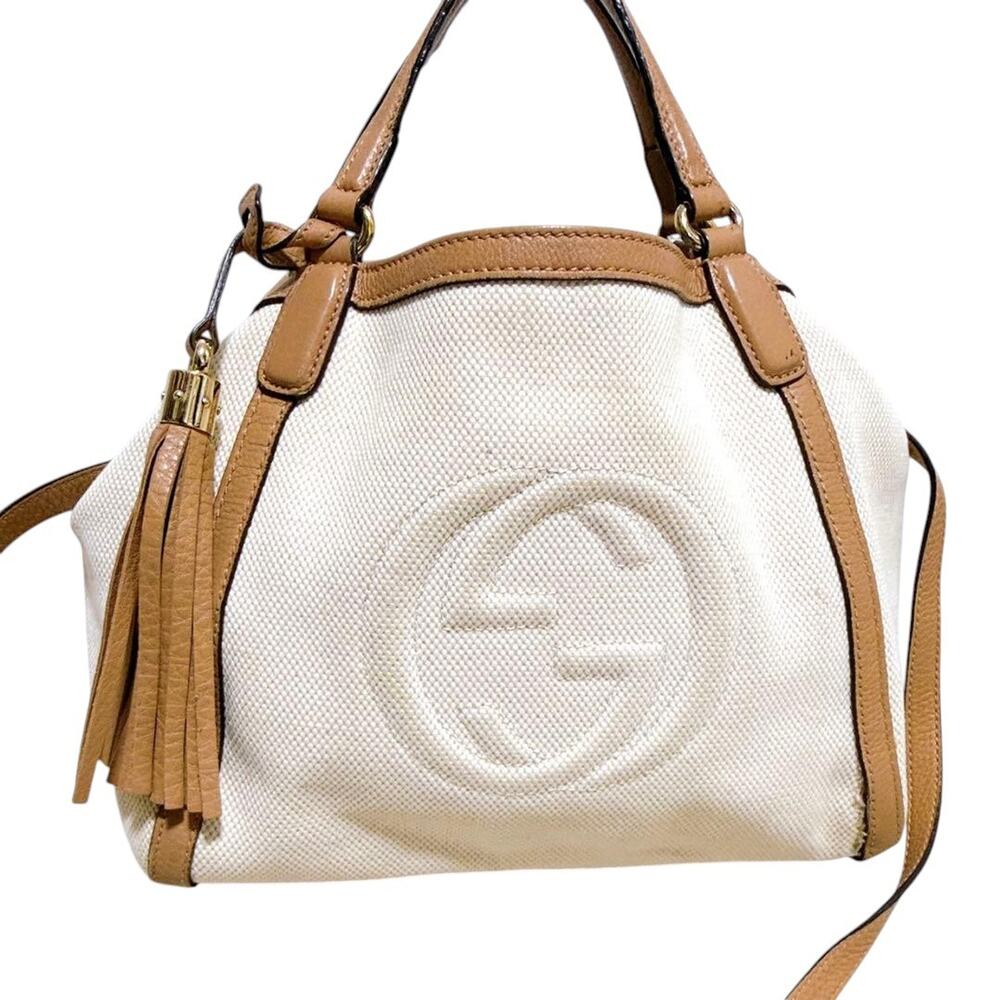 Gucci Soho Canvas 2-Way Tote – Ivory & Tan